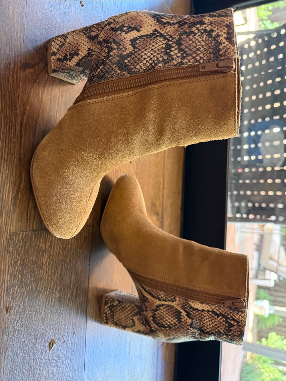 Matisse Tan Suede Ankle Boots with Snake-Print Block Heel